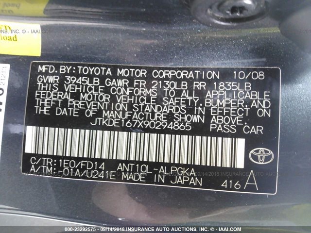 JTKDE167X90294865 - 2009 TOYOTA SCION TC 灰色 照片 9