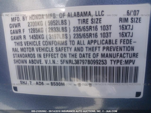 5FNRL38797B099253 - 2007 HONDA ODYSSEY EXL BLUE photo 9