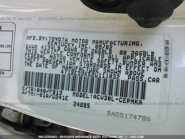 4T1BE32K52U111032 - 2002 TOYOTA CAMRY LE/XLE/SE 白色 照片 9