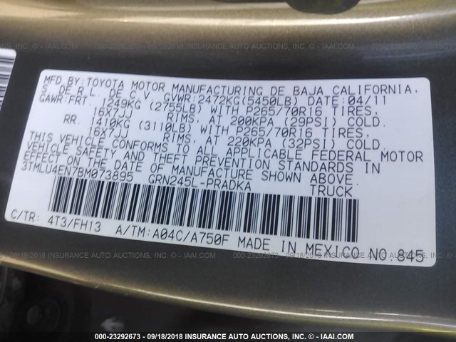 3TMLU4EN7BM073895 - 2011 TOYOTA TACOMA DOUBLE CAB ოქროსფერი ფოტო 9