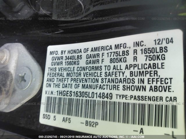 1HGES16305L014849 - 2005 HONDA CIVIC DX VP 黑色 照片 9