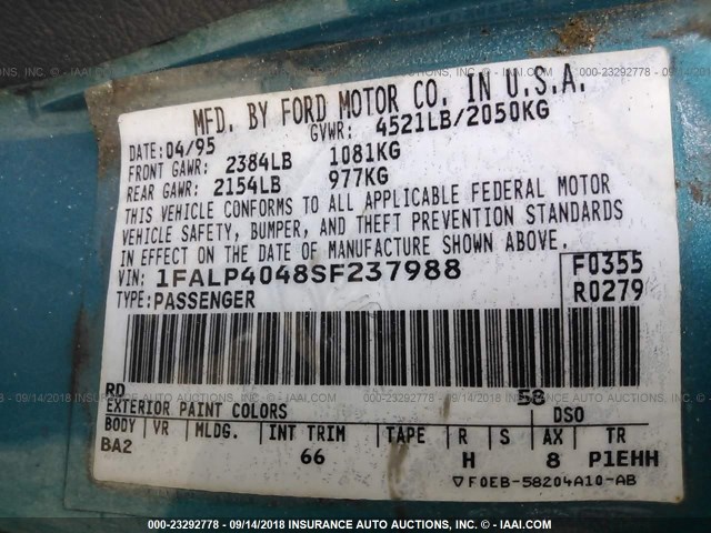 1FALP4048SF237988 - 1995 FORD MUSTANG TURQUOISE photo 9