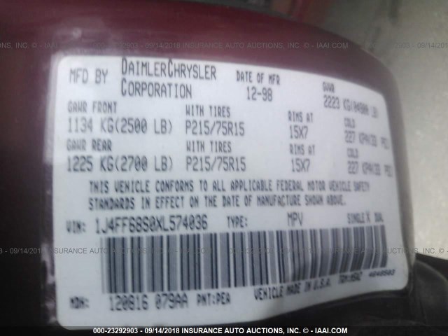 1J4FF68S0XL574036 - 1999 JEEP CHEROKEE SPORT/CLASSIC Burgund zdjęcie 9