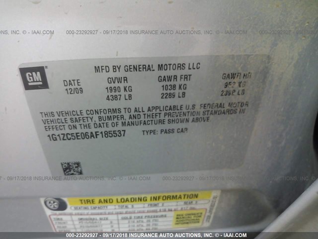 1G1ZC5E06AF185537 - 2010 CHEVROLET MALIBU 1LT ვერცხლისფერი ფოტო 9