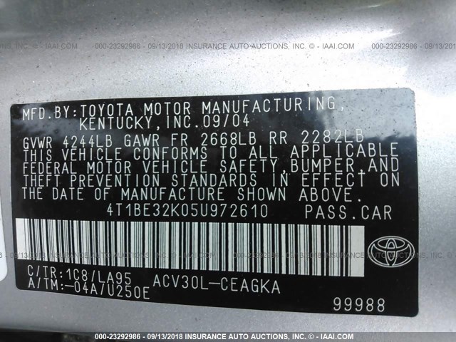 4T1BE32K05U972610 - 2005 TOYOTA CAMRY LE/XLE/SE 银色 照片 9