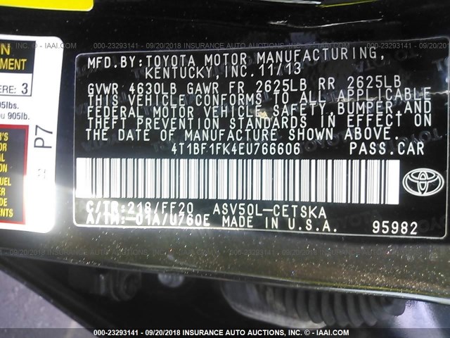 4T1BF1FK4EU766606 - 2014 TOYOTA CAMRY L/SE/LE/XLE Qara foto 9