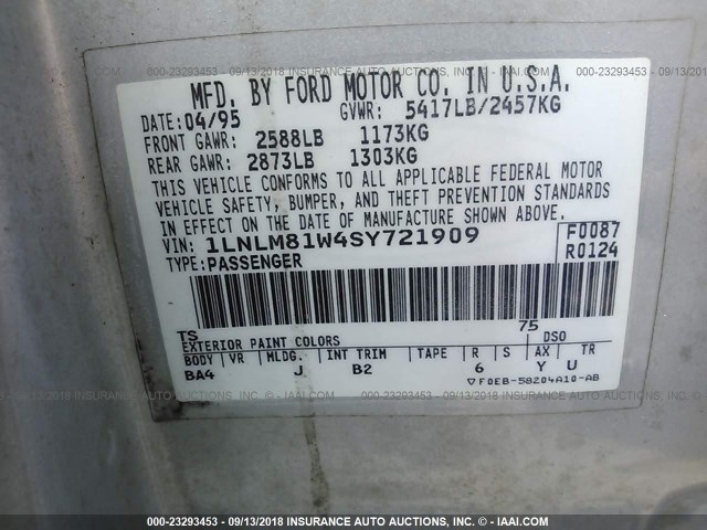 1LNLM81W4SY721909 - 1995 LINCOLN TOWN CAR EXECUTIVE SILVER photo 9