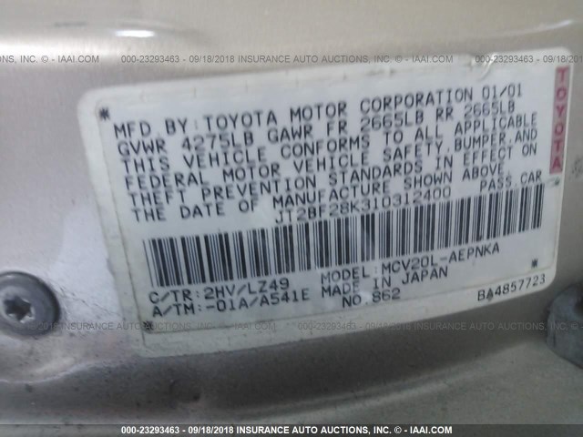 JT2BF28K310312400 - 2001 TOYOTA CAMRY LE/XLE GOLD photo 9