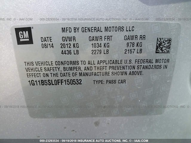 1G11B5SL0FF150532 - 2015 CHEVROLET MALIBU LS 银色 照片 9