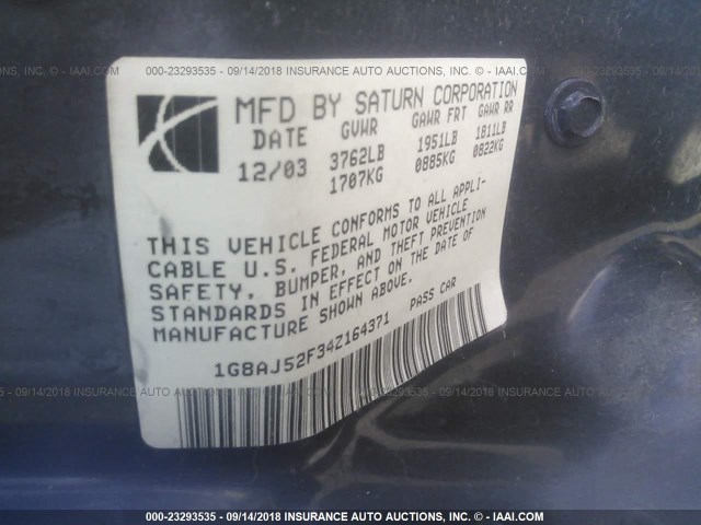 1G8AJ52F34Z164371 - 2004 SATURN ION LEVEL 2 白色 照片 9