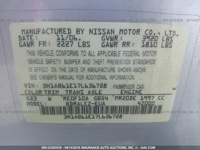 3N1AB61E17L636728 - 2007 NISSAN SENTRA 2.0/2.0S/2.0SL SILVER photo 9