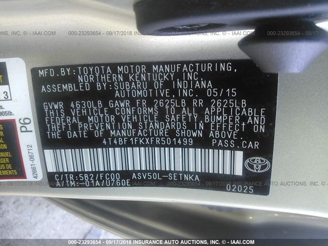 4T4BF1FKXFR501499 - 2015 TOYOTA CAMRY LE/XLE/SE/XSE 金色 照片 9