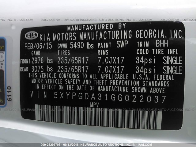 5XYPGDA31GG022037 - 2016 KIA SORENTO LX/L WHITE photo 9