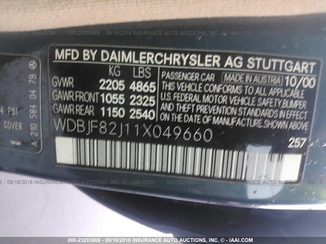 WDBJF82J11X049660 - 2001 MERCEDES-BENZ E 320 4MATIC GRAY photo 9