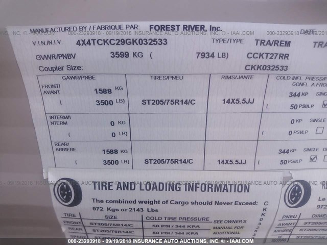 4X4TCKC29GK032533 - 2016 FOREST RIVER GREY WOLF  棕色 照片 9