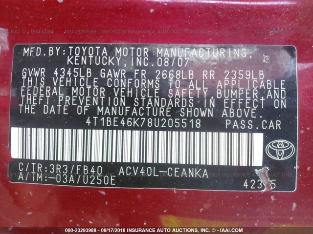 4T1BE46K78U205518 - 2008 TOYOTA CAMRY CE/LE/XLE/SE RED photo 9