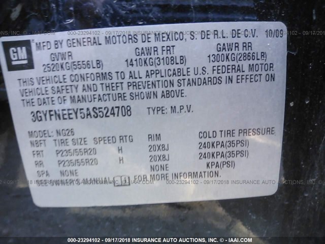 3GYFNEEY5AS524708 - 2010 CADILLAC SRX PERFORMANCE COLLECTION Қара фото 9