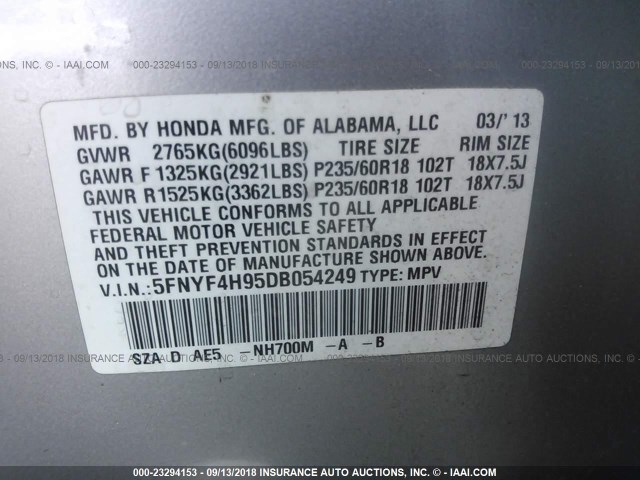 5FNYF4H95DB054249 - 2013 HONDA PILOT TOURING SILVER photo 9