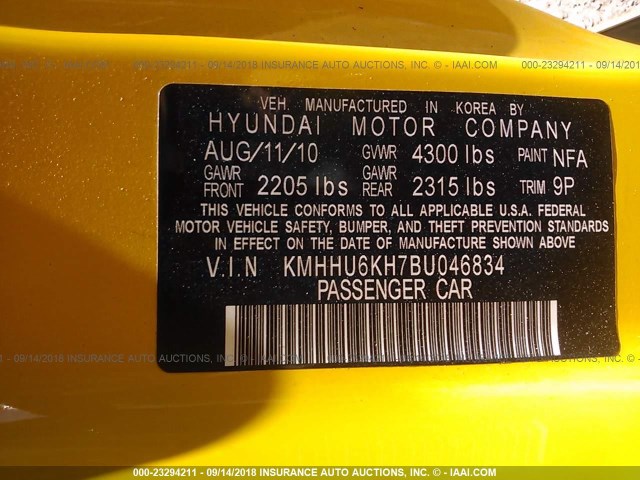 KMHHU6KH7BU046834 - 2011 HYUNDAI GENESIS COUPE 3.8L YELLOW photo 9