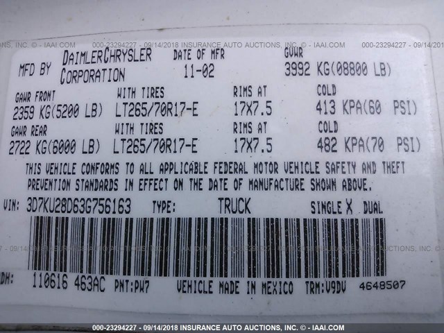 3D7KU28D63G756163 - 2003 DODGE RAM 2500 ST/SLT 白色 照片 9