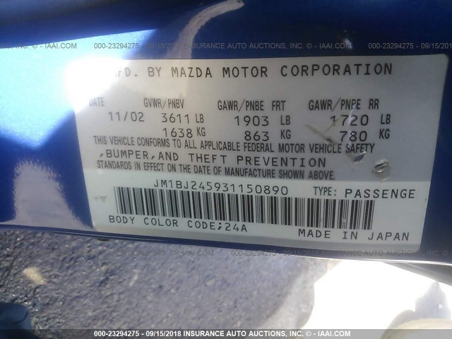 JM1BJ245931150890 - 2003 MAZDA PROTEGE PR5 蓝色 照片 9