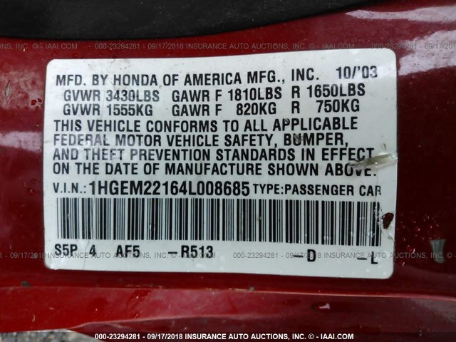 1HGEM22164L008685 - 2004 HONDA CIVIC DX VP RED photo 9