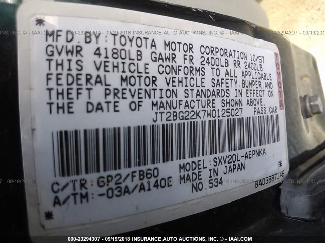 JT2BG22K7W0125027 - 1998 TOYOTA CAMRY CE/LE/XLE 绿色 照片 9