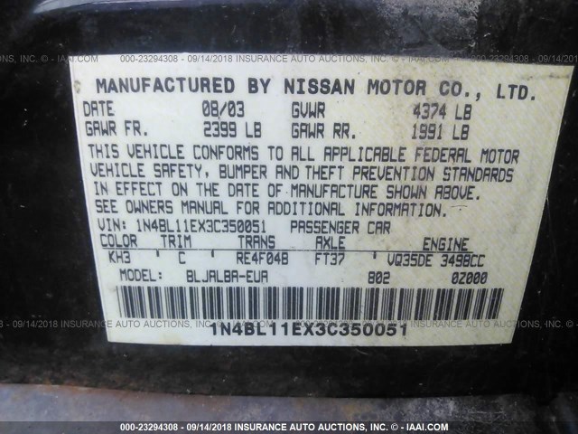 1N4BL11EX3C350051 - 2003 NISSAN ALTIMA SE BLACK photo 9