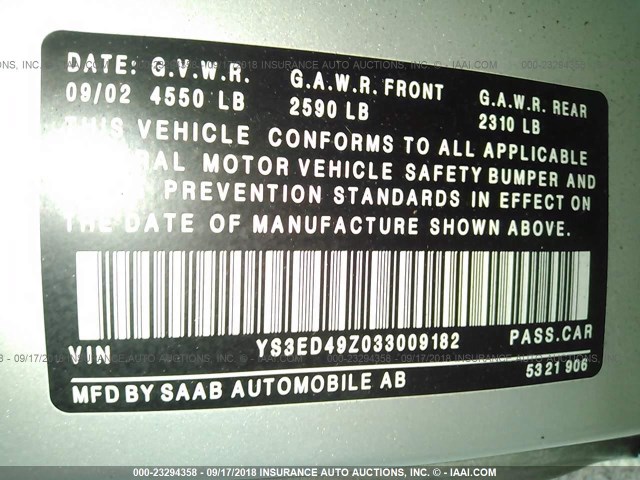 YS3ED49Z033009182 - 2003 SAAB 9-5 ARC SILVER photo 9
