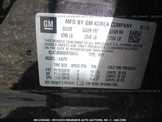 KL4CJBSB9EB758042 - 2014 BUICK ENCORE CONVENIENCE 勃艮第红 照片 9