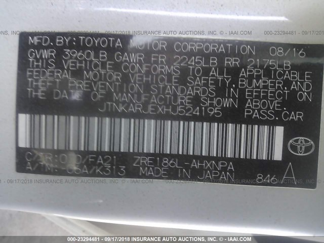 JTNKARJEXHJ524195 - 2017 TOYOTA COROLLA IM WHITE photo 9