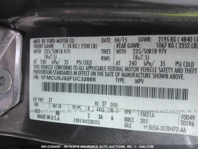 1FMCU9J92FUC32888 - 2015 FORD ESCAPE TITANIUM GRAY photo 9