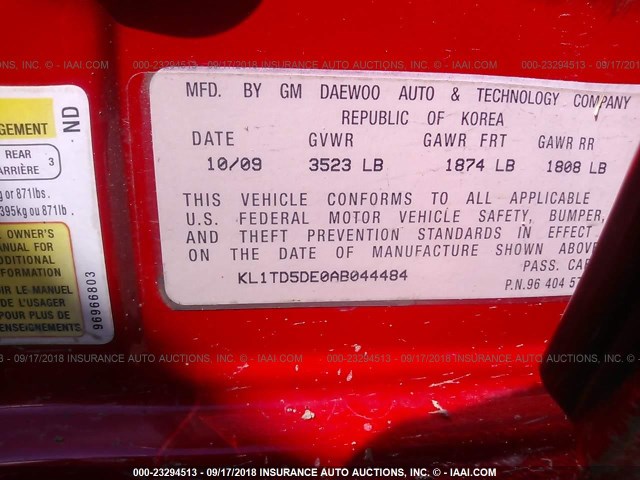 KL1TD5DE0AB044484 - 2010 CHEVROLET AVEO LS/LT წითელი ფოტო 9