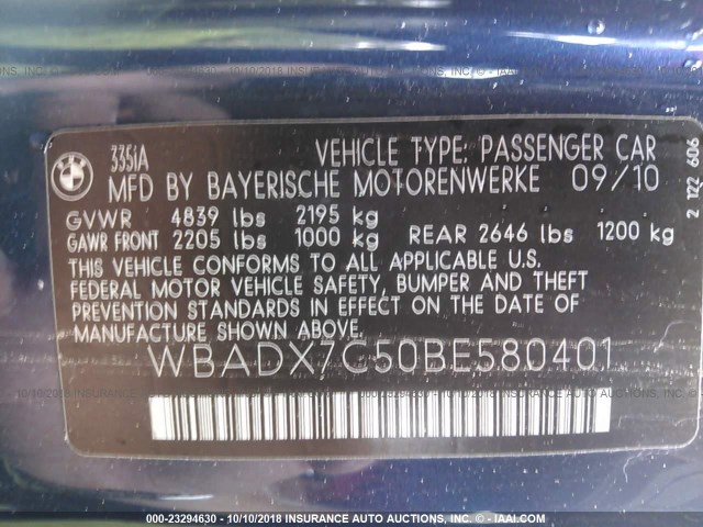 WBADX7C50BE580401 - 2011 BMW 335 I BLUE photo 9