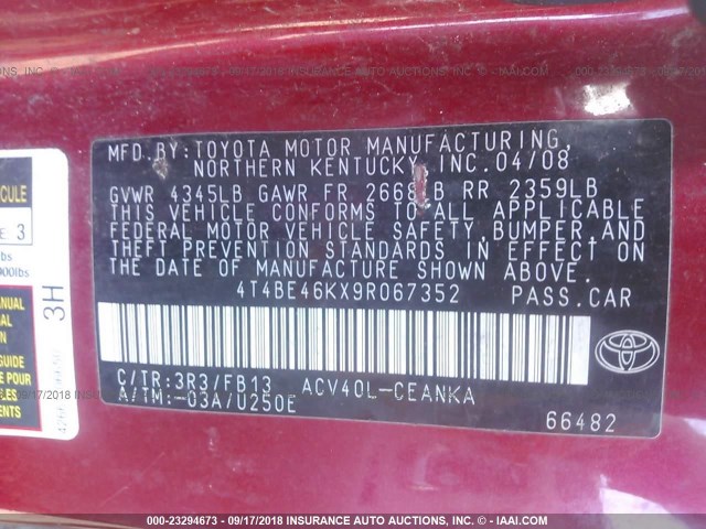 4T4BE46KX9R067352 - 2009 TOYOTA CAMRY SE/LE/XLE 红色 照片 9