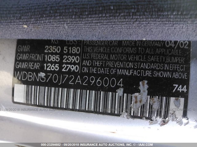 WDBNG70J72A296004 - 2002 MERCEDES-BENZ S 430 SILVER photo 9