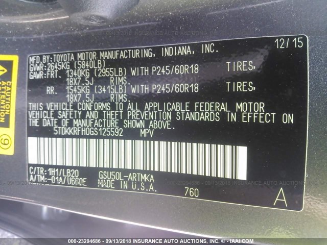 5TDKKRFH0GS125592 - 2016 TOYOTA HIGHLANDER XLE ნაცრისფერი ფოტო 9