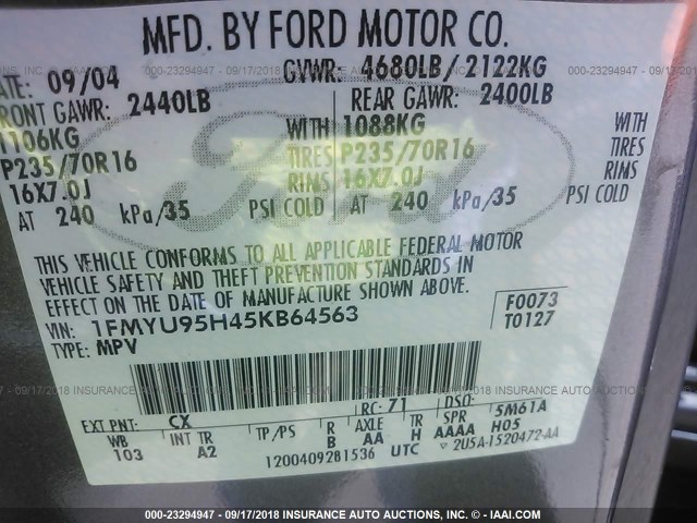 1FMYU95H45KB64563 - 2005 FORD ESCAPE HEV GRAY photo 9