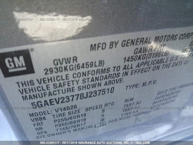 5GAEV23778J237510 - 2008 BUICK ENCLAVE CXL GRAY photo 9