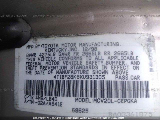 4T1BF28K8XU931305 - 1999 TOYOTA CAMRY LE/XLE GOLD photo 9