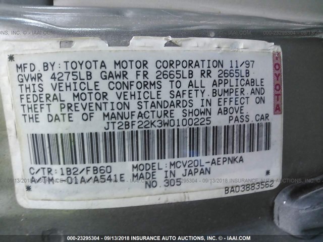 JT2BF22K3W0100225 - 1998 TOYOTA CAMRY CE/LE/XLE 灰色 照片 9