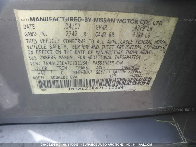 1N4AL21E47C211184 - 2007 NISSAN ALTIMA 2.5/2.5S GRAY photo 9