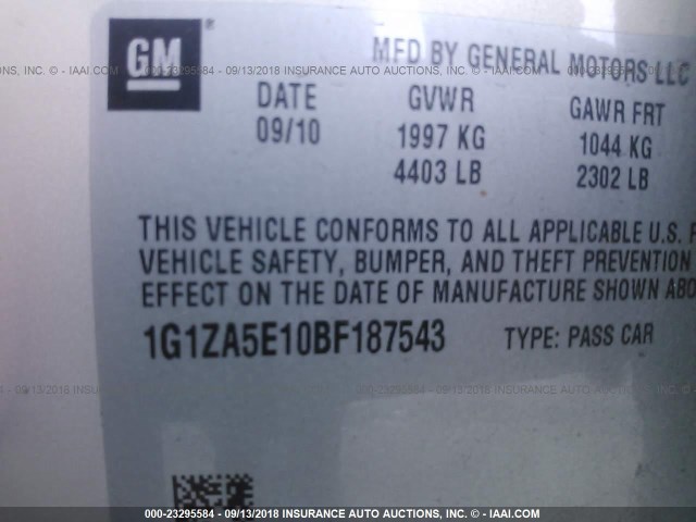 1G1ZA5E10BF187543 - 2011 CHEVROLET MALIBU LS ოქროსფერი ფოტო 9