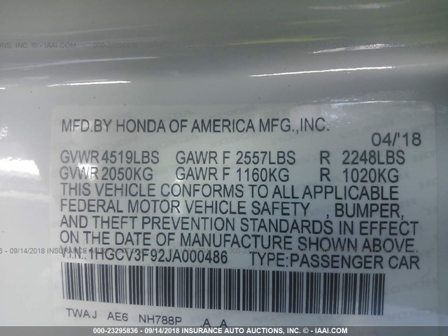 1HGCV3F92JA000486 - 2018 HONDA ACCORD HYBRID/TOURING WHITE photo 9