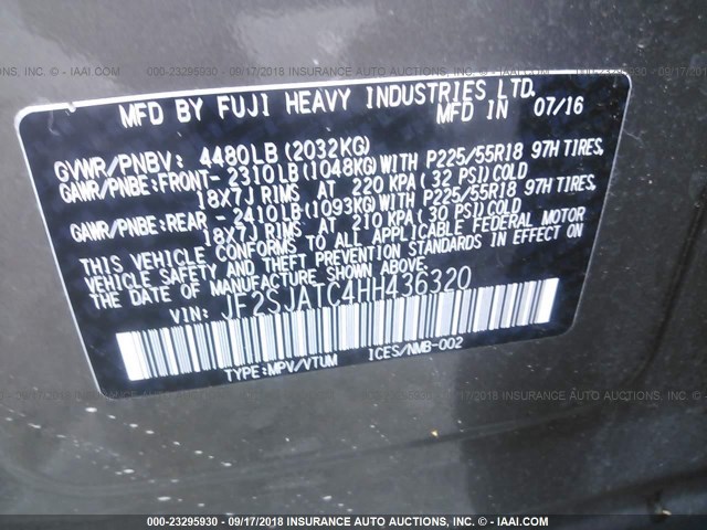 JF2SJATC4HH436320 - 2017 SUBARU FORESTER 2.5I TOURING GRAY photo 9