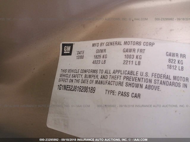 1G1NE52J816208189 - 2001 CHEVROLET MALIBU LS ოქროსფერი ფოტო 9