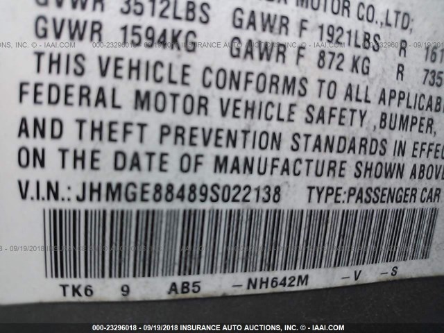 JHMGE88489S022138 - 2009 HONDA FIT SPORT 银色 照片 9