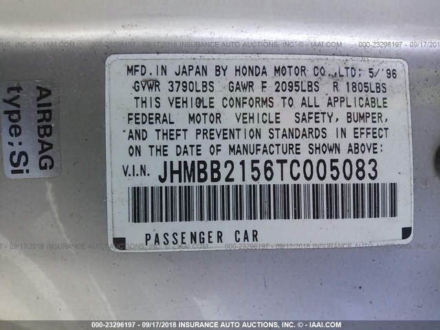 JHMBB2156TC005083 - 1996 HONDA PRELUDE SI/SR GOLD photo 9