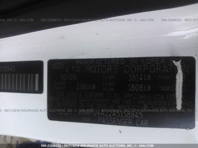 KNAFU4A22A5158945 - 2010 KIA FORTE EX WHITE photo 9