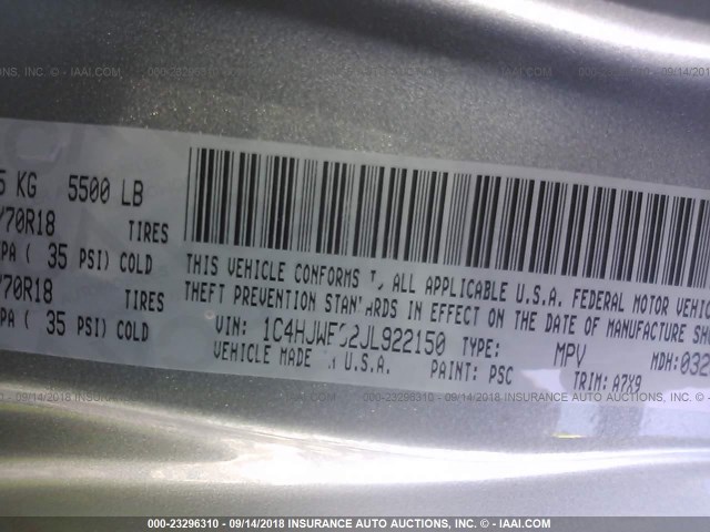 1C4HJWEG2JL922150 - 2018 JEEP WRANGLER UNLIMITED SAHARA ნაცრისფერი ფოტო 9